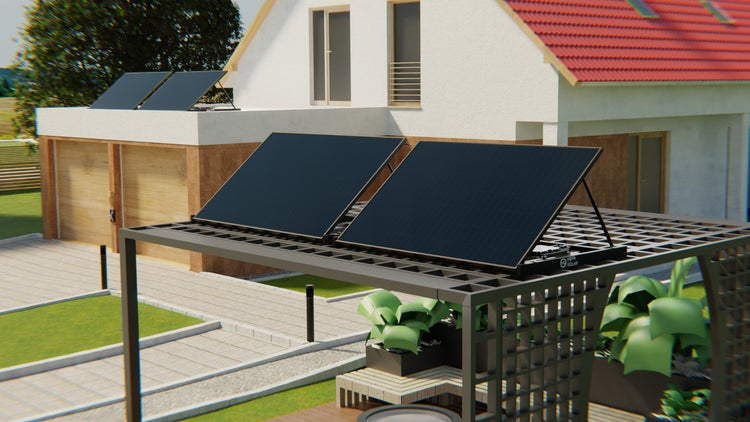 Szene mit Haus und Solaranlage auf Carport