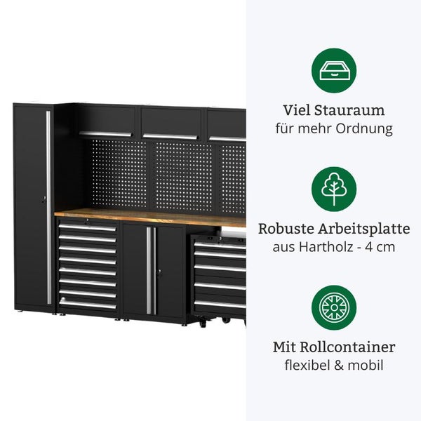 Werkstatteinrichtung mit viel Stauraum, robuster Arbeitsplatte und Rollcontainer