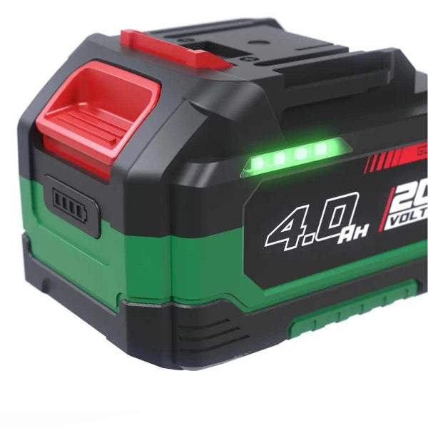 Akku 20 Volt 4.0 Amperestunden mit Statusanzeige und Entriegelungsknopf.