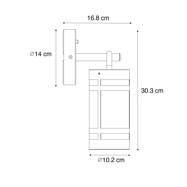 Maßzeichnung einer Außenwandleuchte: Höhe 30,3 Zentimeter, Tiefe 16,8 Zentimeter, Durchmesser Wandhalterung 14 Zentimeter, Schirm 10,2 Zentimeter.