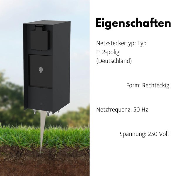 Rechteckige Gartensteckdose mit Erdspieß. Technische Eigenschaften: Netzsteckertyp F, 2-polig, 50 Hertz, 230 Volt.