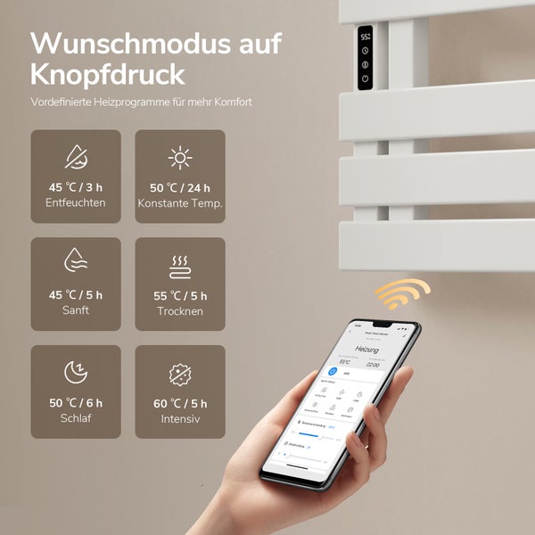 Smarter Handtuchheizkörper gesteuert über eine Smartphone-App mit verschiedenen vordefinierten Heizprogrammen.