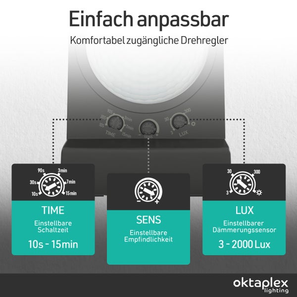 Infografik für oktaplex lighting Leuchte mit einstellbarer Schaltzeit (10 Sekunden bis 15 Minuten), Empfindlichkeit und Dämmerungssensor (3-2000 Lux).