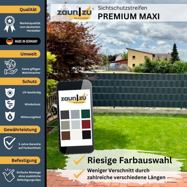 Zaunstreifen Premium Maxi Sichtschutz mit vielfältiger Farbauswahl für einfachen Aufbau