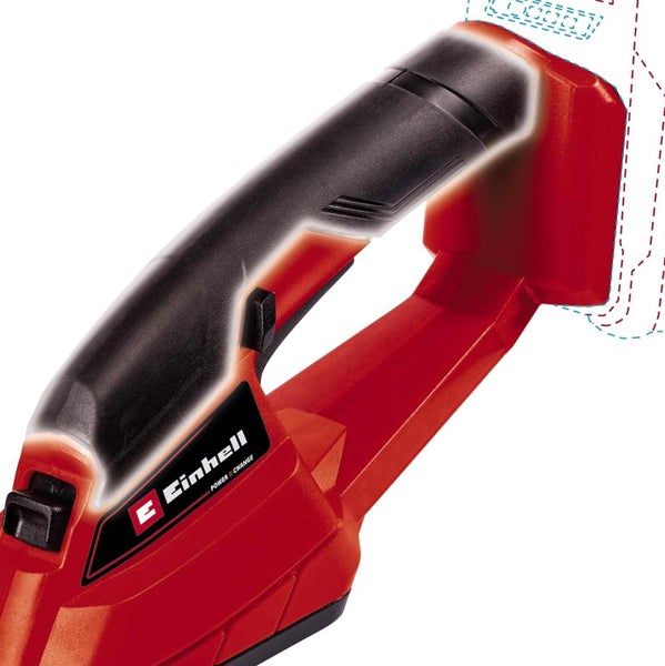 Detailansicht des ergonomischen Handgriffs eines Einhell Elektrowerkzeugs mit Softgrip-Oberfläche für sicheren Halt.