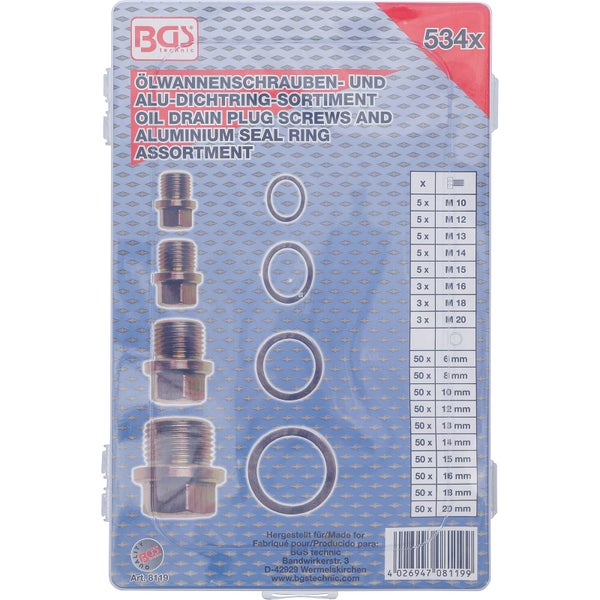 BGS Ölwannenschrauben- und Alu-Dichtring-Sortiment 534tlg. - 8119