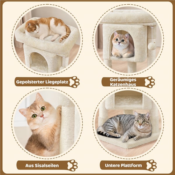 Katzenkratzbaum mit gepolstertem Liegeplatz, geräumigem Katzenhaus, Sisalseilen und unterer Plattform