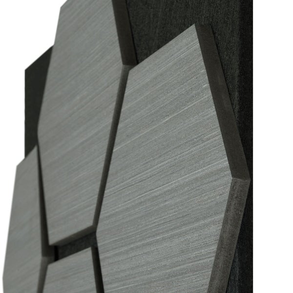 Hexagonale Akustikpaneele mit strukturierter Oberfläche auf Filzträger.