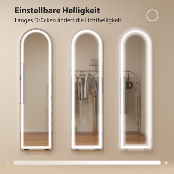 Ganzkörperspiegel mit LED-Beleuchtung, einstellbar in drei Farben, dimmbar und mit Memory-Funktion sowie Sicherheitsglas