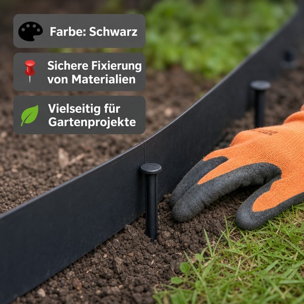 Eine Person installiert eine Rasenkante aus Kunststoff im Garten mit Befestigungsankern für eine sichere Fixierung und vielseitige Gestaltung.