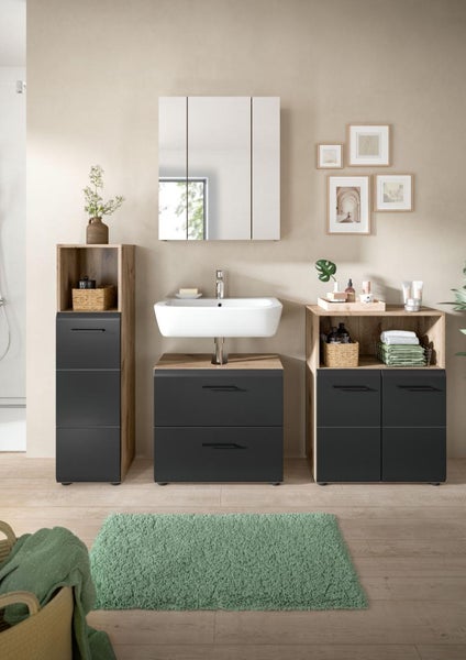 Modernes Badezimmermöbel-Set in Holzoptik und Anthrazit mit Aufsatzwaschbecken, Spiegelschrank, Hochschrank und Midischrank.