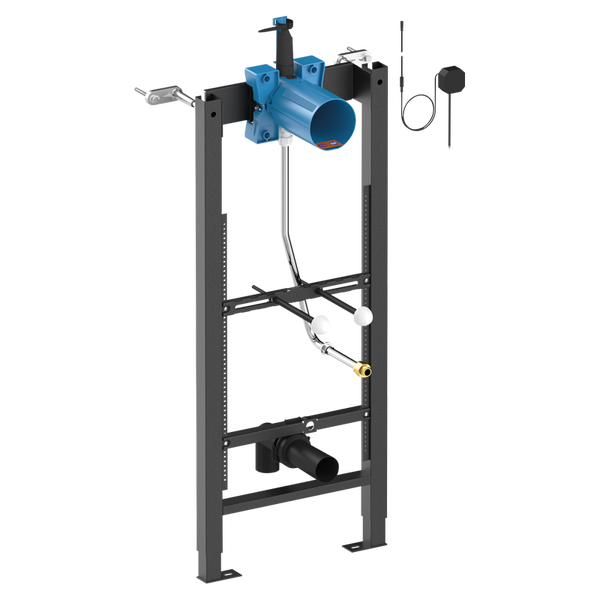 Vorwandelement für die Toilette mit Montagerahmen, Spülrohr, Abflussrohr und elektronischem Zubehör für die Unterputzmontage.