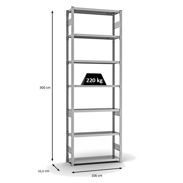 PROREGAL Fachbodenregal Stecksystem T-Profil Medium-Duty Grundregal HxBxT 300 x 100 x 30 cm 7 Ebenen Fachlast 220 kg Beidseitig Nutzbar Verzinkt
