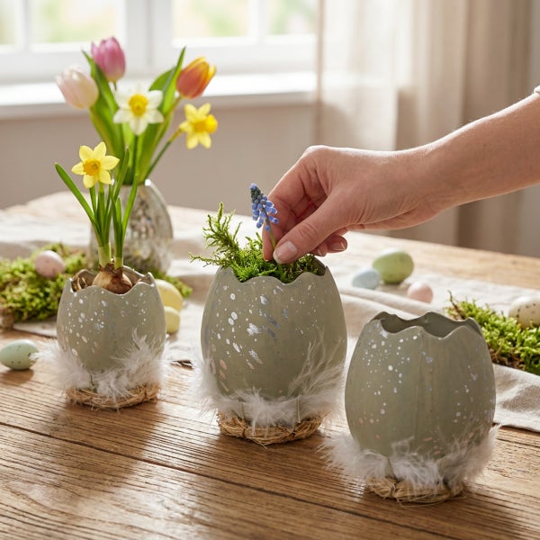 Osterdekoration mit drei eiförmigen Pflanzgefäßen aus Keramik, verziert mit Federn auf einem Holztisch mit Frühlingsblumen.