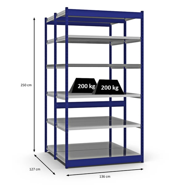 PROREGAL Fachbodenregal Stecksystem Vierkant-Profil Grundregal HxBxT 250 x 132,5 x 60 cm 2x6 Ebenen Doppelseitige Bauart Fachlast 200 kg Enzianblau