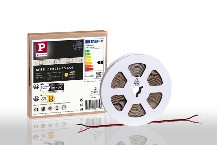 Paulmann Gold Strip LED-Streifen, 5 Meter, warmweiß, 2700 Kelvin, Schutzart IP20, auf Rolle mit Verpackung.