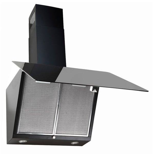 Schwarze Schräghaube mit Glasfront, zwei Metallfettfiltern und integrierter LED-Beleuchtung.