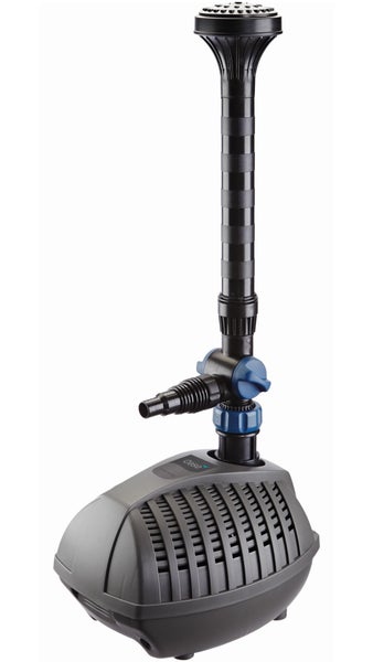 Oase Wasserspielpumpe für Teiche mit Teleskopverlängerung, Fontänenaufsatz und zweitem regulierbarem Abgang für Bachläufe.