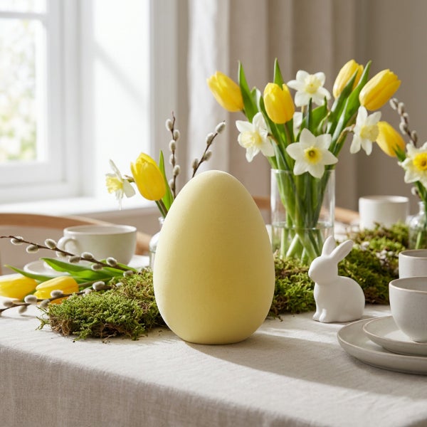 Osterdekoration mit einem großen Ei auf einem gedeckten Tisch mit Blumenstrauß und Osterhasenfigur als frühlingshafte Tischdeko.