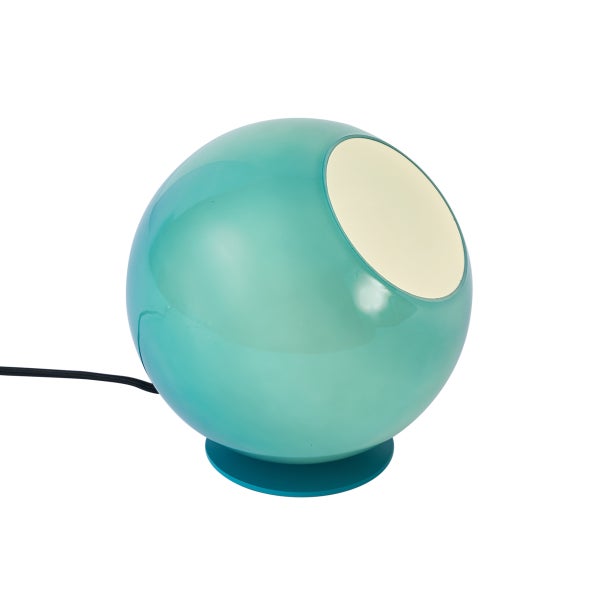 Kugelförmige Tischleuchte aus Glas in Türkis mit kreisförmiger Öffnung und schwarzem Kabel.
