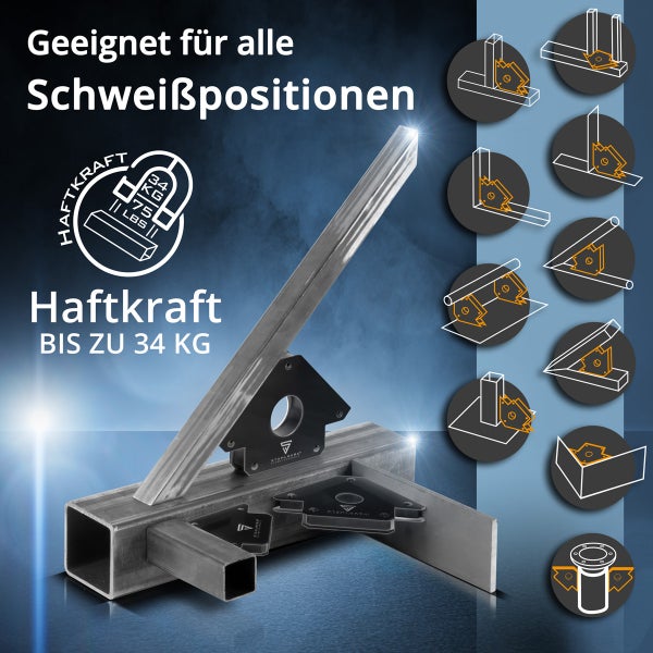 Zwei Schweißwinkel mit einer Haltekraft von 34 Kilogramm. Set mit zwei Stück.