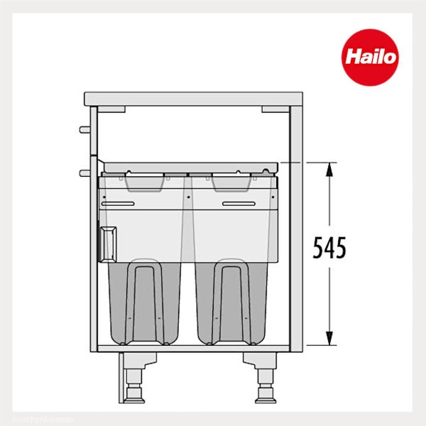 Technische Zeichnung eines Hailo Abfalltrennsystems im Unterschrank mit einer Einbauhöhe von 545 Millimetern. Hailo Logo.