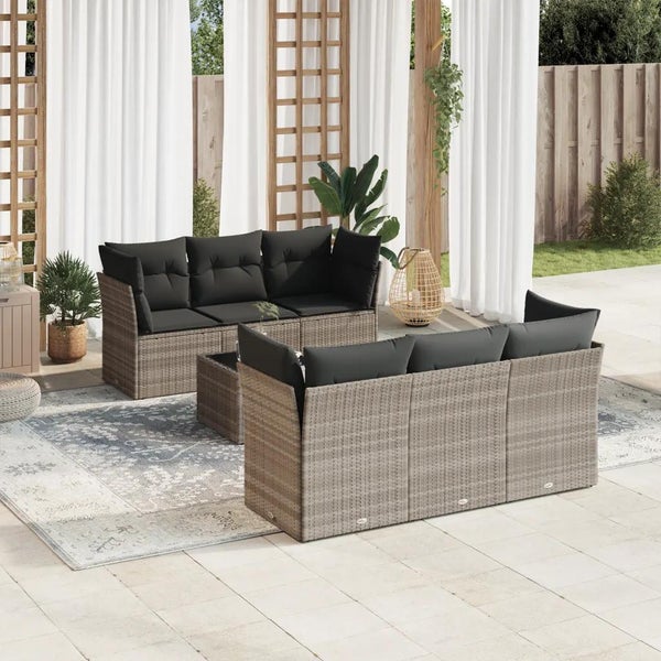 7-tlg. Garten-Sofagarnitur mit Kissen Hellgrau Poly Rattan