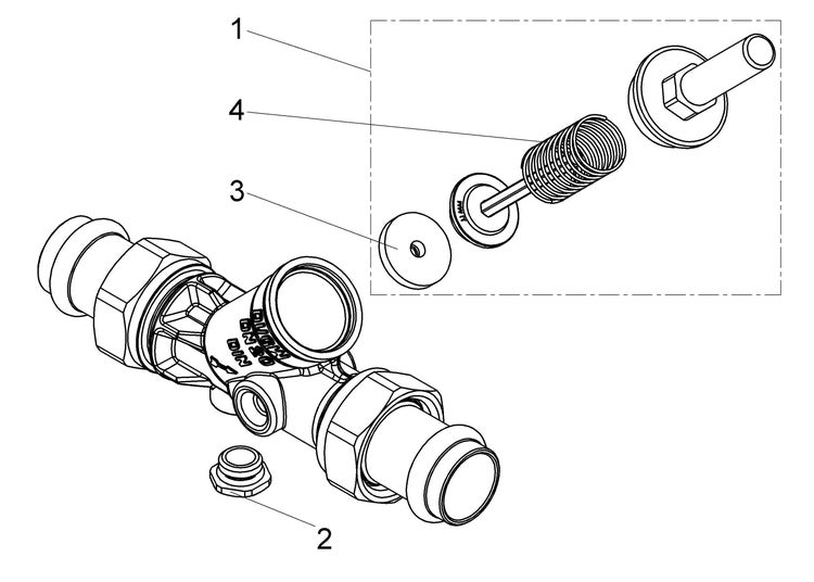 Explosionszeichnung einer Armatur mit nummerierten Einzelteilen wie Feder und Dichtungsscheibe.