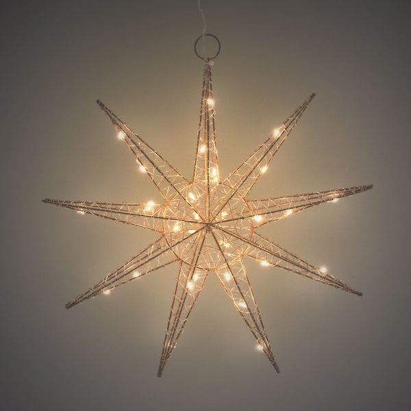 ECD Germany LED Deko Weihnachtsstern mit 30 warmweißen LEDs, 30cm, Gold, batteriebetrieben, Metall, Weihnachten Schneeflocke zum Aufhängen mit Beleuchtung & Timer, Innen, Weihnachtsdeko Fensterdeko