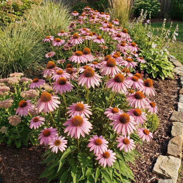 Blühende Echinacea Pflanzen in einem gepflegten Gartenbeet mit Mulch, einer Steineinfassung und Ziergräsern.