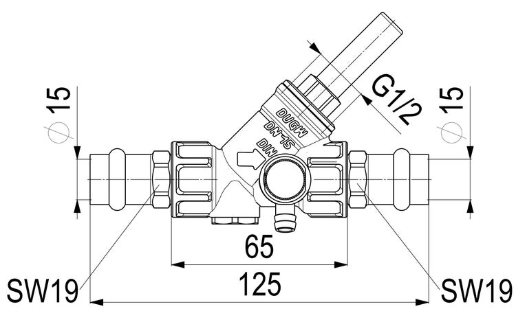 Technische Zeichnung eines Schrägsitzventils Nennweite 15 mit Maßangaben. DVGW und DIN zertifiziert. Gesamtlänge 125 Millimeter.