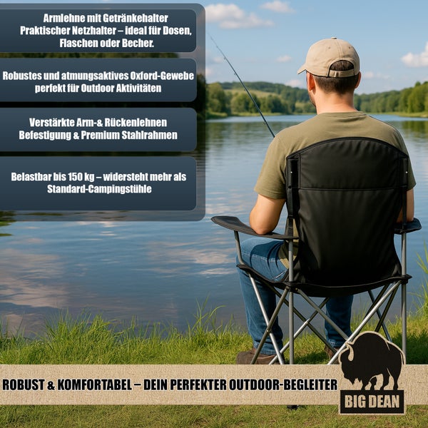 Mann sitzt auf einem Campingstuhl am See beim Angeln
