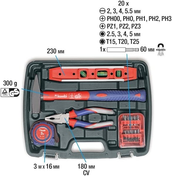 kwb Werkzeugkoffer aus robustem Hartkunststoff inkl. 40-tlg. hochwertigem Werkzeug-Set als perfekte Grundausstattung für den Haushalt, die Werkstatt oder den mobilen Einsatz