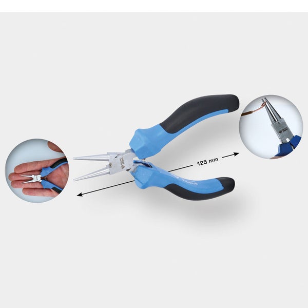 Flachrundzange, 125 mm Länge, mit blau-schwarzem Griff
