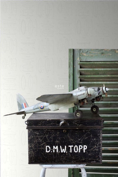 Dekorative Szene mit Modellflugzeug auf einer schwarzen Metallkiste