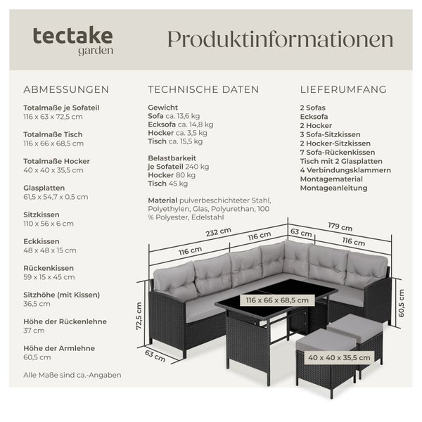 Produktinformationen zu einer tectake Gartenmöbelgruppe mit Sofa, Ecksofa, Hockern und Tisch inklusive Maße und Lieferumfang