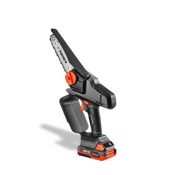Fuxtec Akku-Einhand-Kettensäge in Schwarz und Orange, 6 Zoll Schwertlänge, 20 Volt Akku.