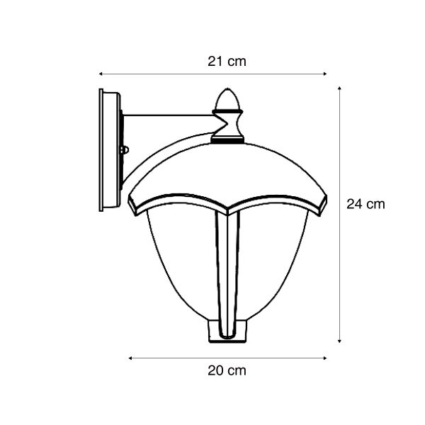 Skizze einer Außenwandleuchte mit Maßen: Höhe 24 Zentimeter, Tiefe 21 Zentimeter, Breite 20 Zentimeter.
