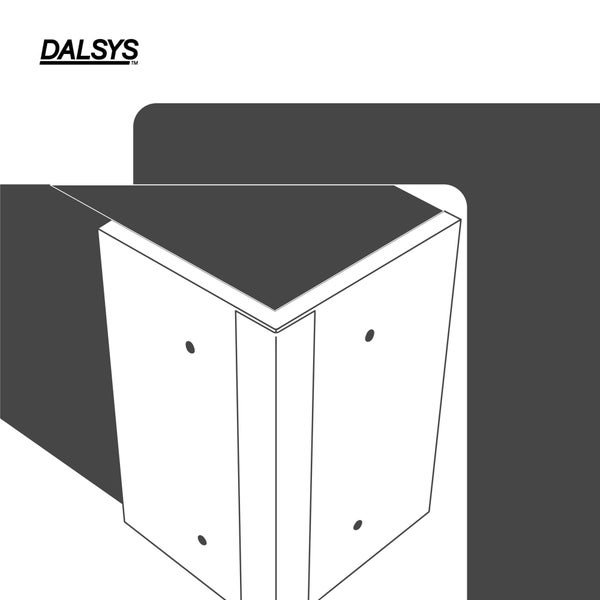 Technische Illustration eines Dalsys Eckprofils mit Montagelöchern und Dalsys Logo.