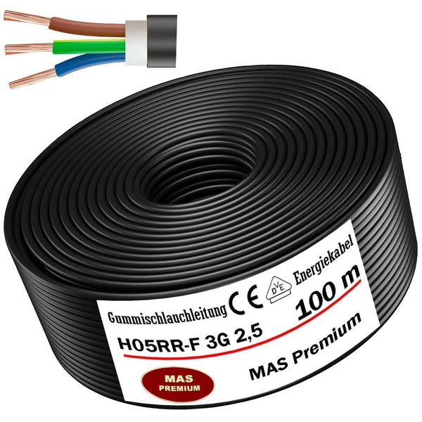 Gummischlauchleitung H05RR-F 3G 2,5 auf einer Rolle mit 100 Meter Länge, drei Kupferadern, MAS Premium Logo, CE Kennzeichnung und VDE Prüfzeichen.