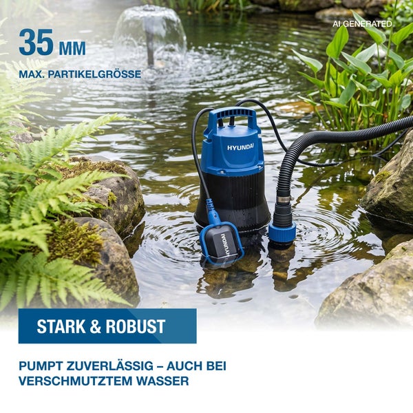 Hyundai Tauchpumpe in einem Gartenteich mit Schwimmerschalter und Schlauchanschluss fuer verschmutztes Wasser bis 35 Millimeter Partikelgroesse.