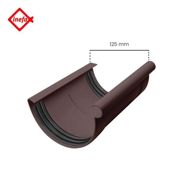 Inefa Logo. Inefa Rinnenverbinder aus braunem Kunststoff, Breite 125 Millimeter mit Dichtungsgummis.