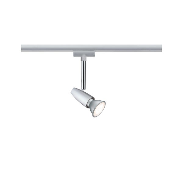 Schienensystem-Strahler aus Metall in Chrom Matt mit verstellbarem Kopf.