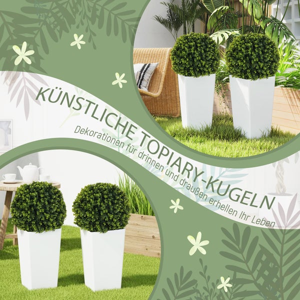 Dekorative künstliche Topiary-Kugeln in weißen Pflanzgefäßen für den Innen- und Außenbereich