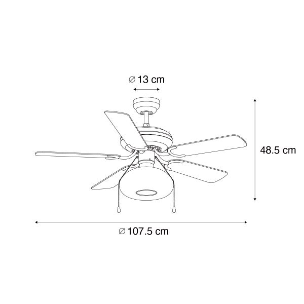 Maßzeichnung eines Deckenventilators mit Beleuchtung, Durchmesser 107,5 Zentimeter, Höhe 48,5 Zentimeter und Baldachindurchmesser 13 Zentimeter.