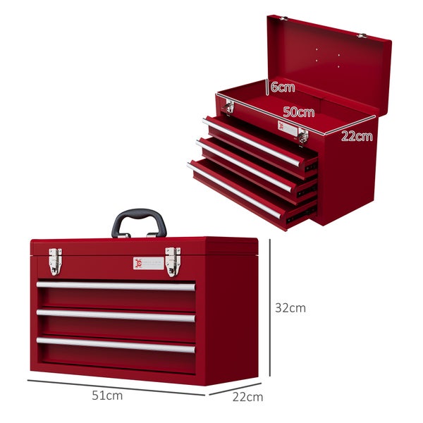 DURHAND Werkzeugkoffer leer, 51 x 22 x 32 cm Werkzeugkasten mit 3 Schubladen, oberes Staufach, Handgriff, Werkzeugkiste mit 2 Schloss, aus Stahl, Rot