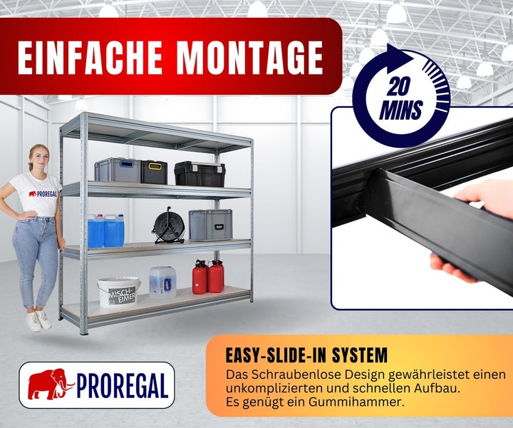 Proregal Schwerlastregal aus Metall mit vier Böden, einfache Montage in circa 20 Minuten durch schraubenloses Stecksystem. Proregal Logo.