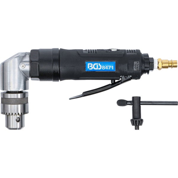 Druckluft-Bohrmaschine mit Winkelkopf und Bohrfutterschlüssel