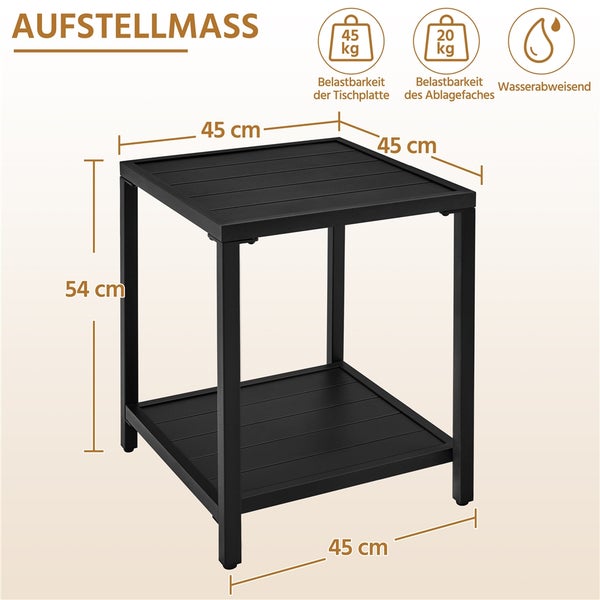 Schwarzer Beistelltisch mit Ablage und Maßangaben