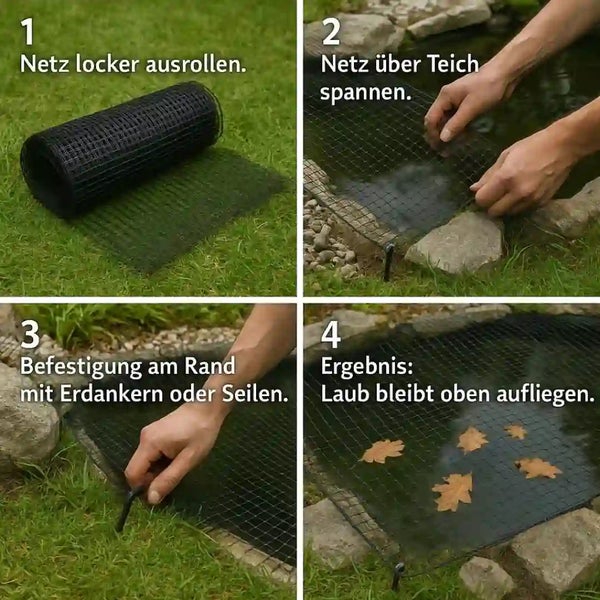 Anleitung zur Installation eines Teichschutznetzes in vier Schritten: Ausrollen, Spannen, Befestigen mit Erdankern und Laubschutz im Ergebnis.